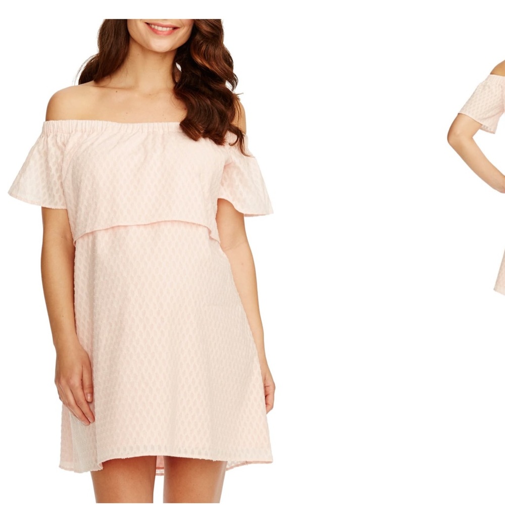 blush light pink maternity off the shoulder dress